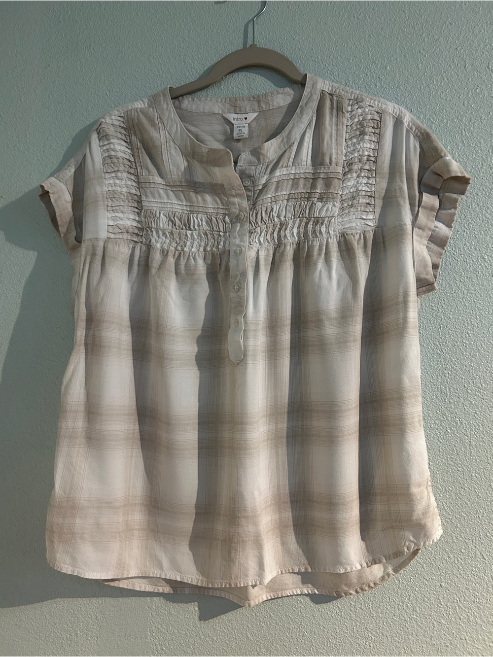 intro. Beige and Cream Plaid Smocked Yoke Blouse